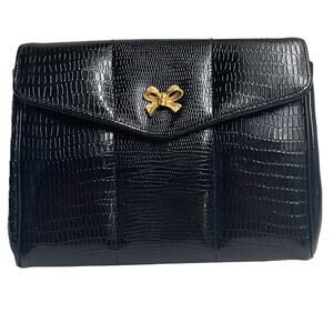 Vintage Meyers USA Black Clutch Bag Gold tone bow - Vintage Fashion Collectible